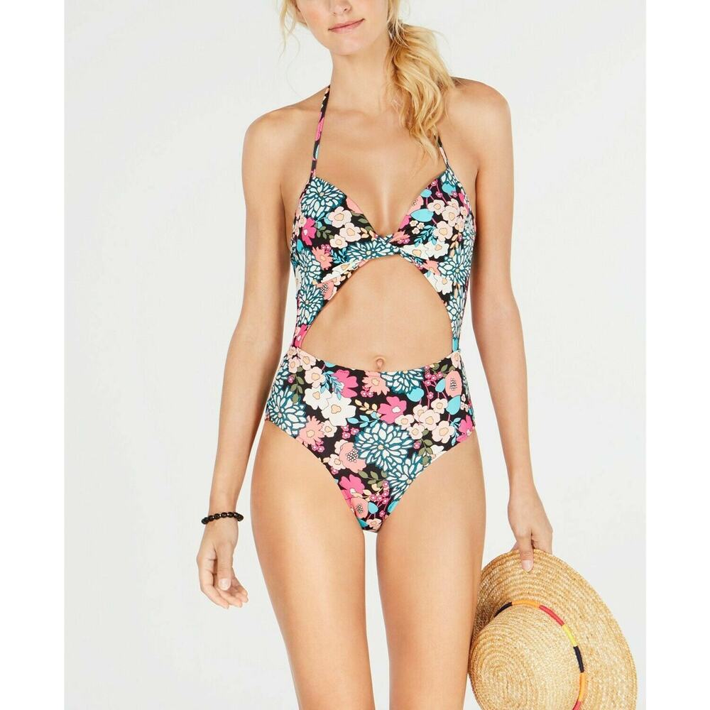 Sundazed Monokini Willa Twist One-Piece Swimsuit Black Floral 34C Boho New Bra